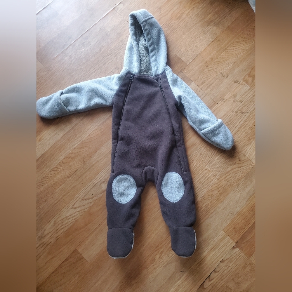 Baby Boden Cozy Infant Hooded Fleece One-Piece - Gray and Brown,size 6-12 Months